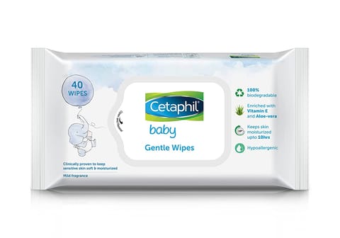 Cetaphil Baby Gentle Wipes 40's with Aloevera & Vitamin E, 10 hrs Moisturisation - 100% Biodegradable